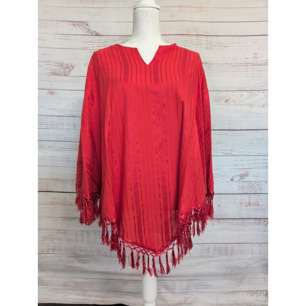Womens Red Fringe Poncho/Shawl V-Neck Pointed Hem size Med Measured-Made inIndia